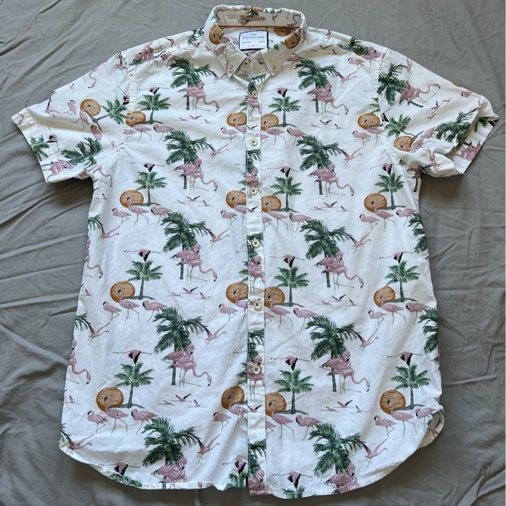 DENIM & FLOWER Button Shirt Men's Size‎ Large Slim Fit Casual Pink Cream Green